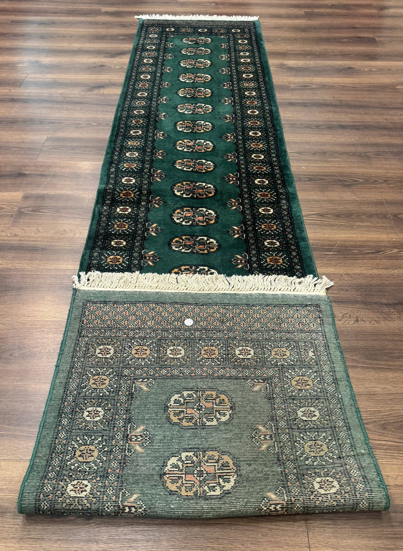 Pakistani Bokhara Runner Rug 2.5 x 11, Green Turkoman Wool Runner for Hallway by Jewel Rugs