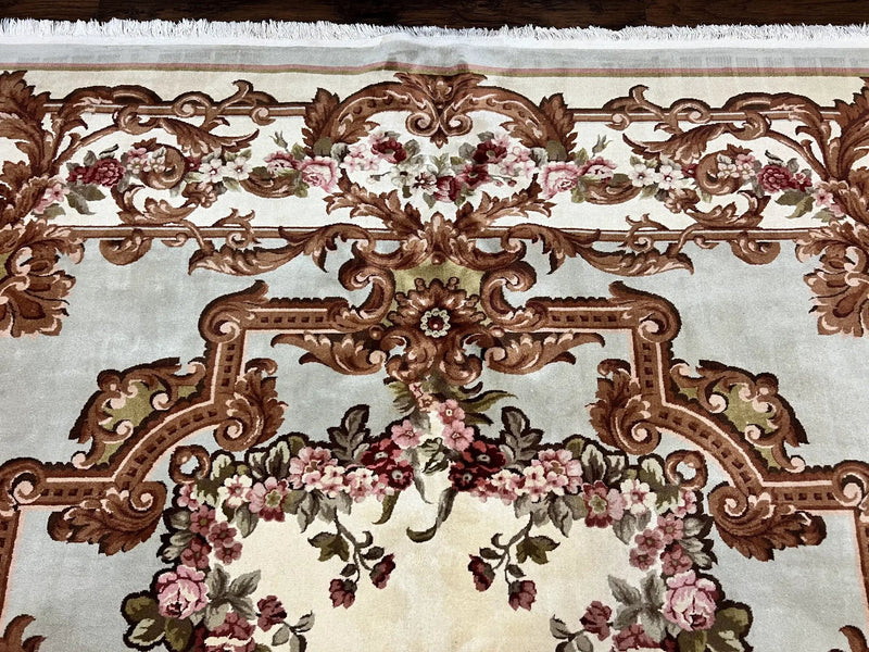Aubusson Rug 10x13, Cream and Light Mint Green Hand Knotted Handmade French Savonnerie European Carpet, Wool Pile, Large Room Sized Vintage by Jewel Rugs