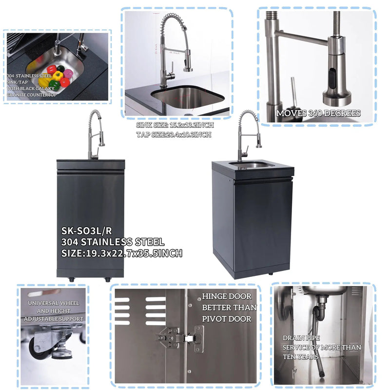 NG 85" 6-Burner 85,000 BTU Black Outdoor Kitchen Island Grill Refrigerator + Rotisserie Kit + Sink by Chery Industrial
