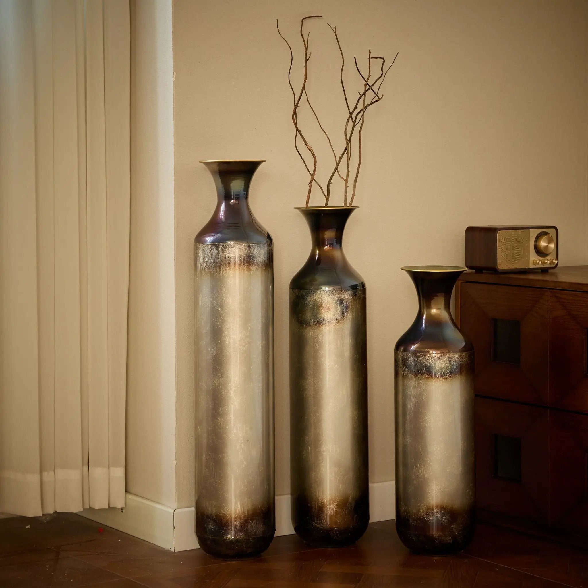 Modern Droplet Shaped Floor Vase Set, Glazed Metal Decorative Vases 3 Piece Home Accent For Living Room - Gold / White by HouseOfZazla