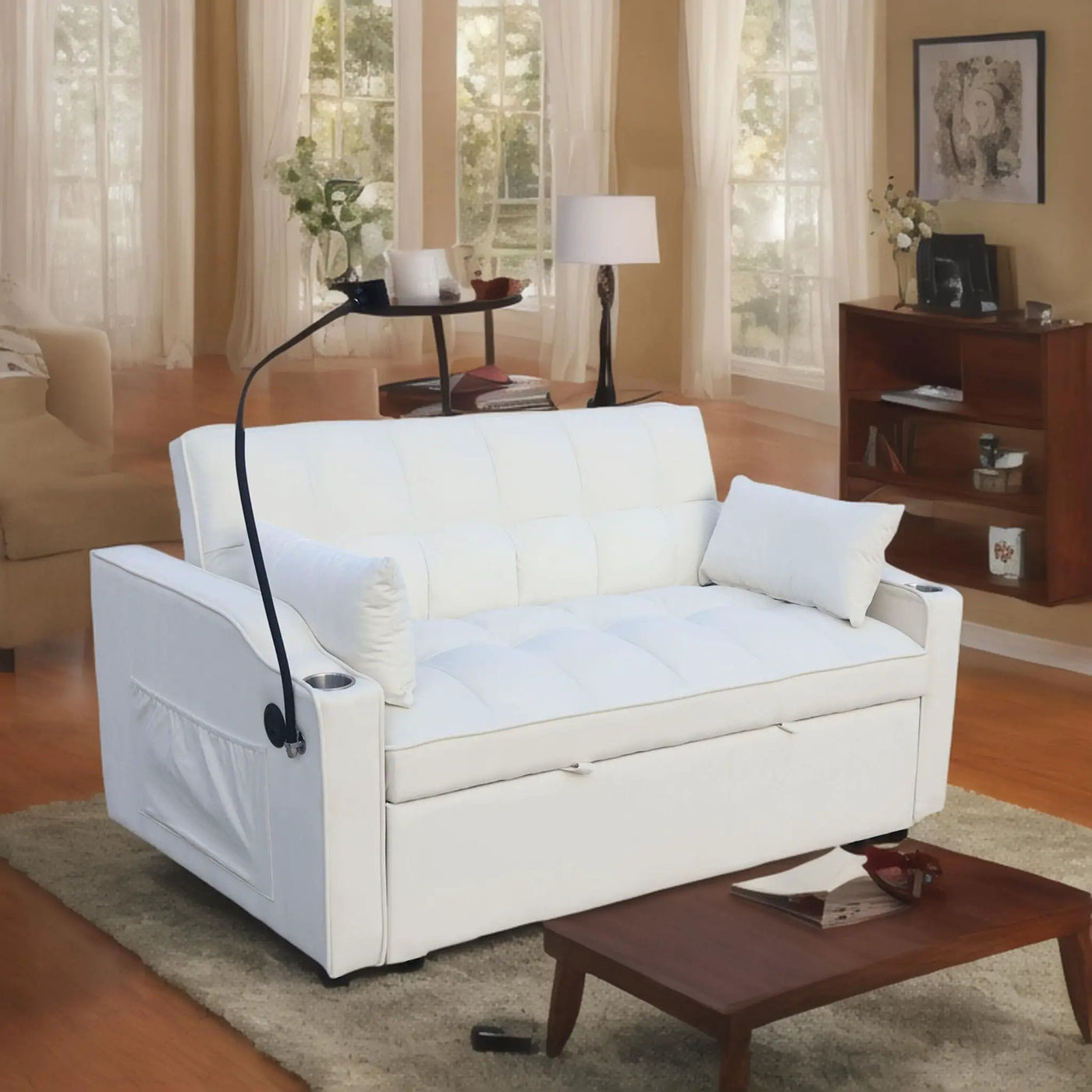 Modern Loveseat Futon Sofa With Pullout Bed, Adjustable Reclining Backrest, Toss Pillows by Unique Piece Furniture