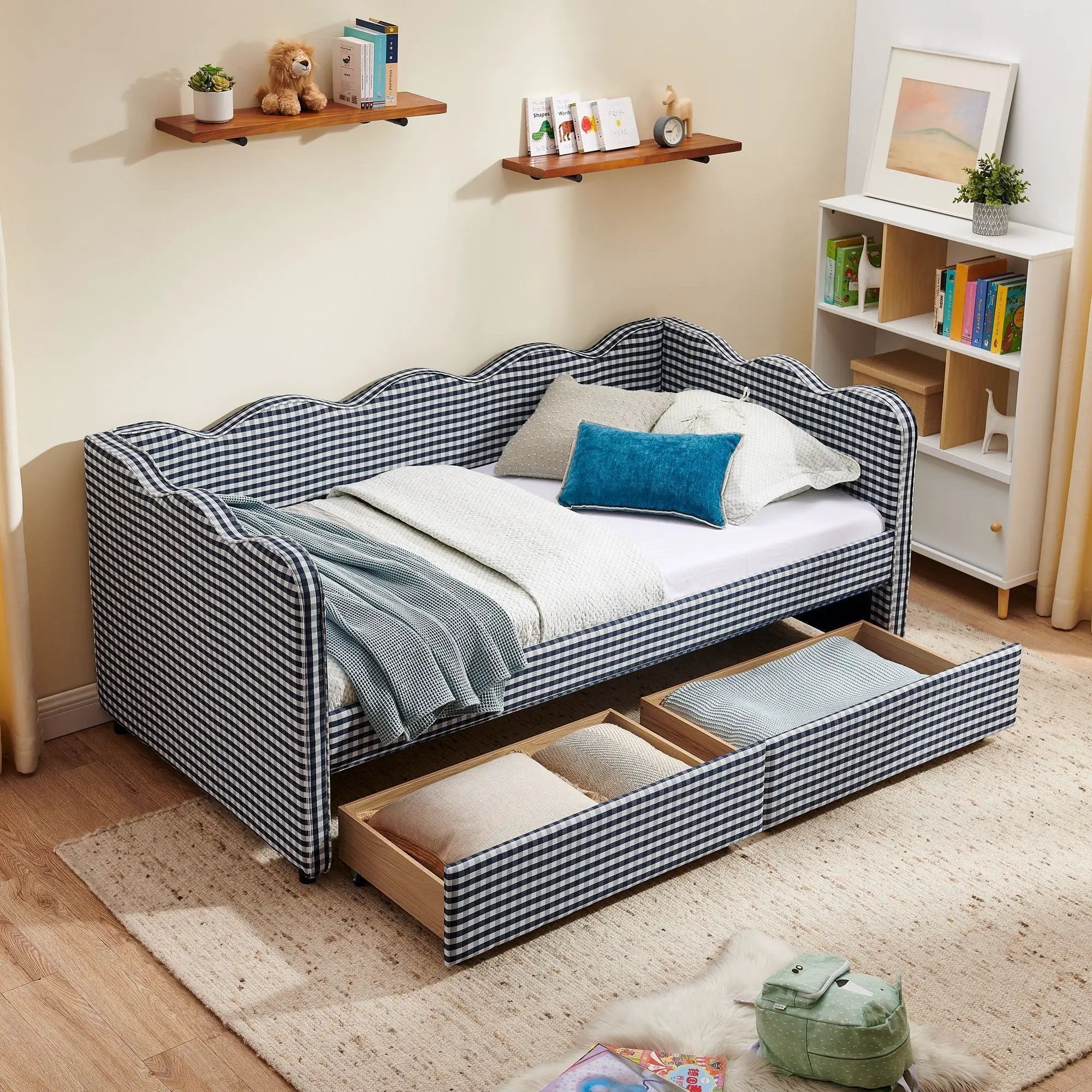 Gingham Daybed With USB Charging Port, Wave-Shaped Design by HouseOfZazla