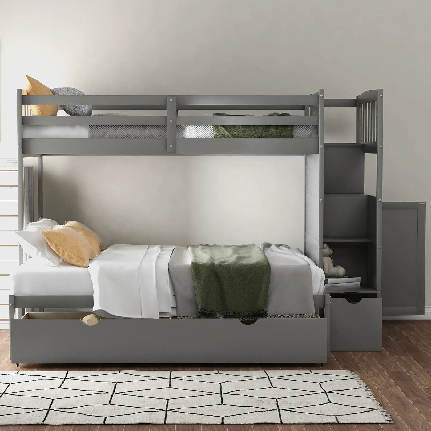 Bunk Bed, Convertible Bottom Bed, Storage Shelves And Drawers by Unique Piece Furniture