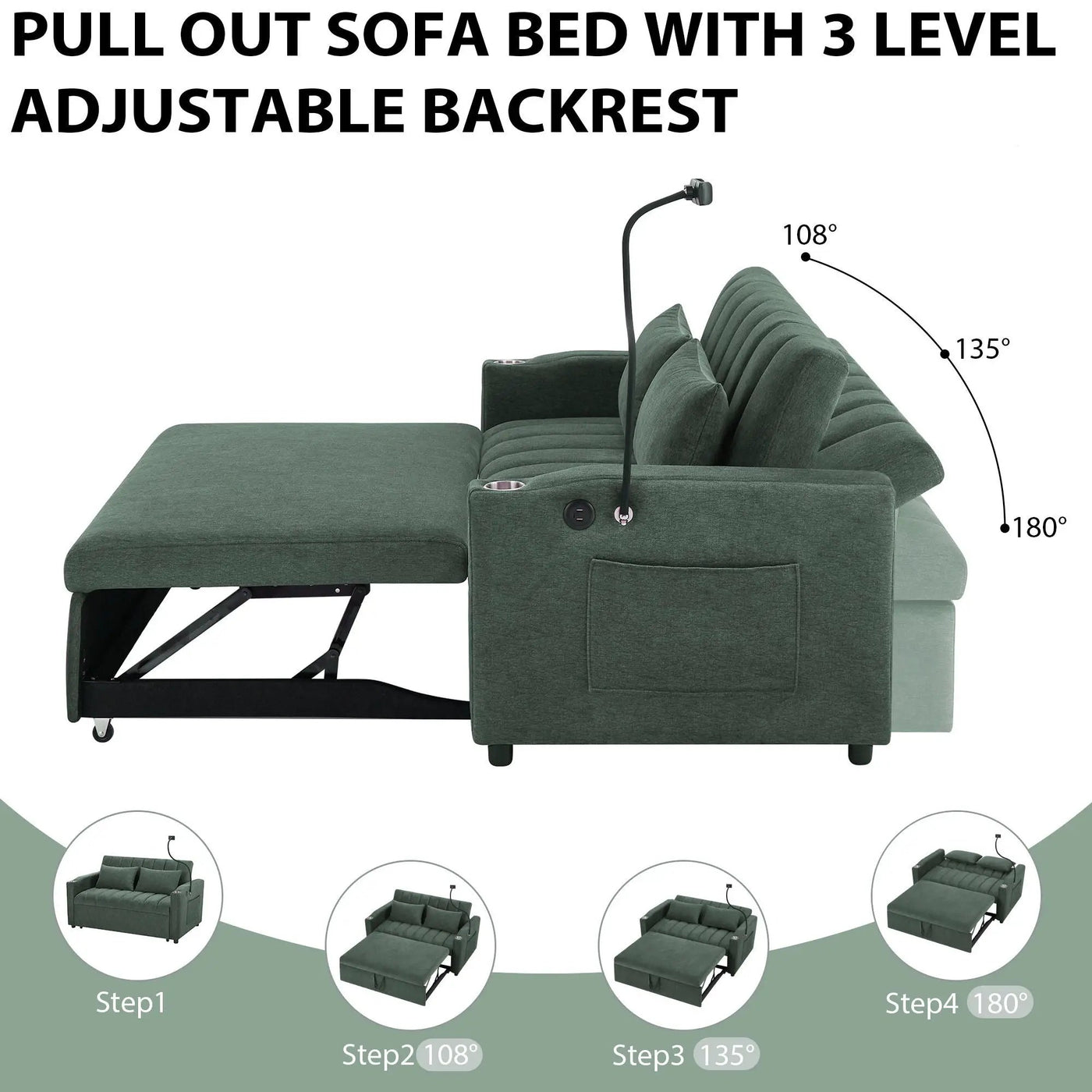 Convertible Sofa Bed Loveseat Sofa With Three USB Ports, Two Side Pockets, Two Cup Holders And 360° swivel Phone Holder For Living Room by Unique Piece Furniture