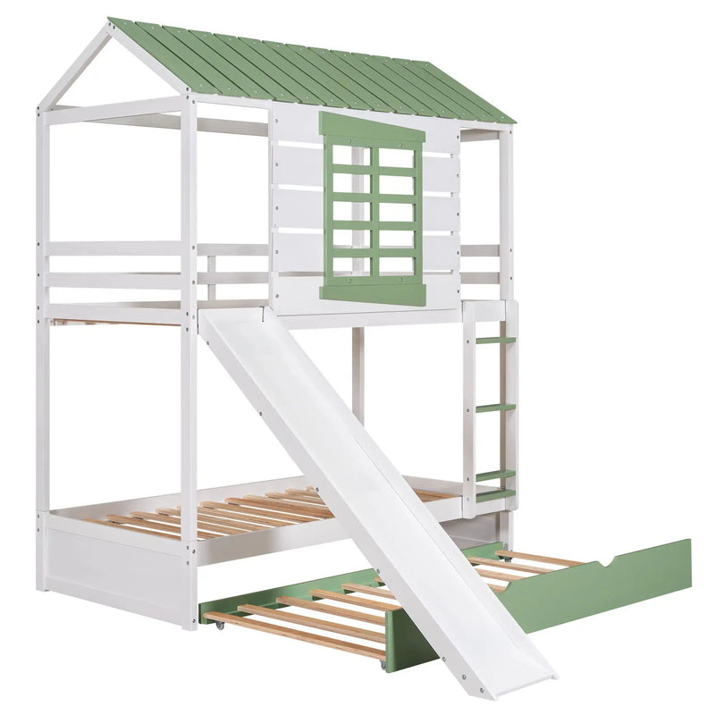 Twin Over Twin House Bunk Bed With Convertible Slide And Trundle - White by Unique Piece Furniture
