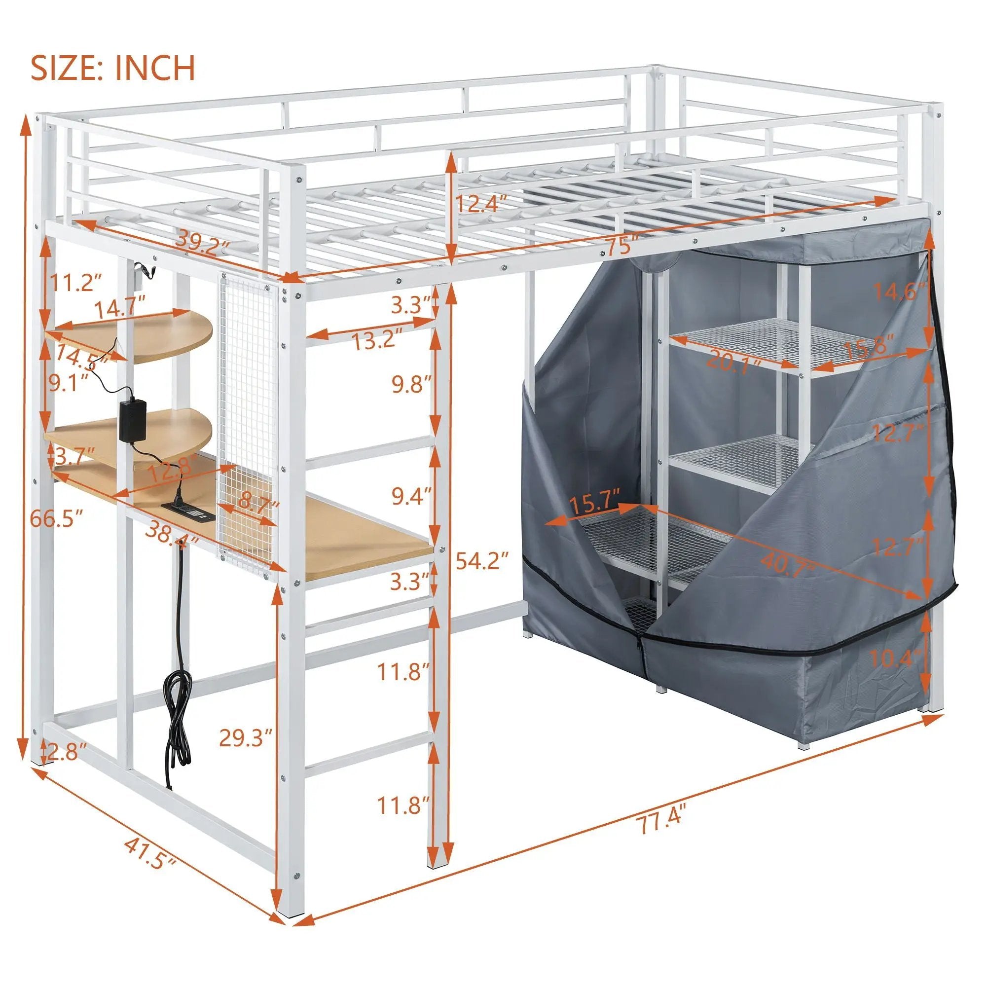 Loft Bed With Desk, Shelves, Power Outlet, LED Light And Wardrobe by HouseOfZazla