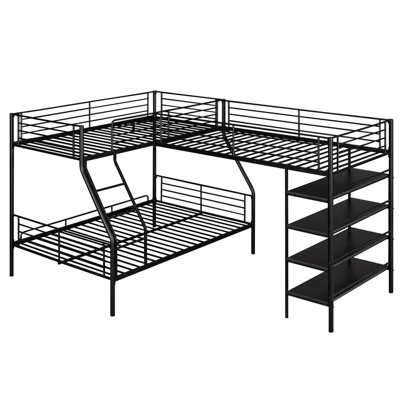 L-Shaped Twin Over Full Bunk Bed And Twin Loft Bed With 4 Built In Shelves - Black by HouseOfZazla