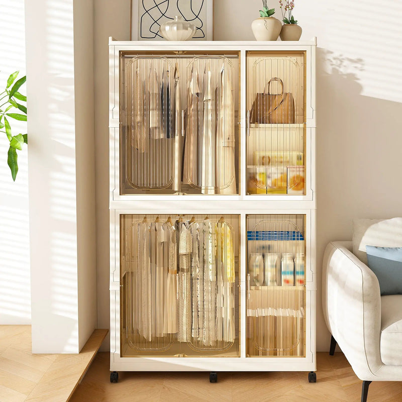 Portable Wardrobe Closet Storage Organizer For Clothes, 6 Magnetic Doors With 6 Cubes & 2 Hanging Rods, 6 Hangers - Cream White by HouseOfZazla