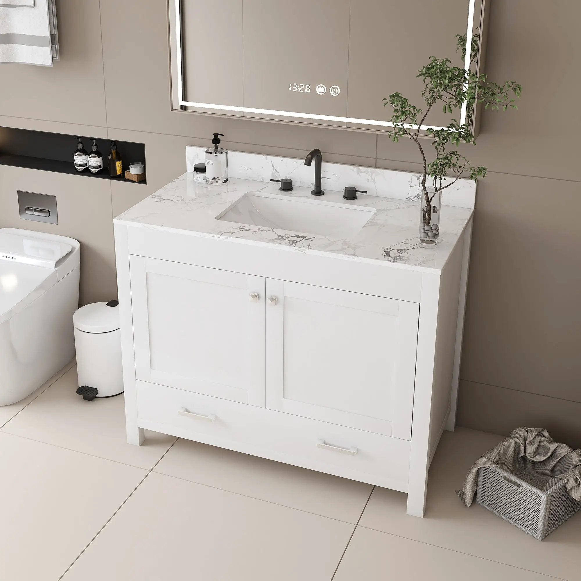 43" Bathroom Vanity With Artificial Marble Carrara Top Set, Multi Functional Bathroom Cabinet With Doors And Drawer - White by Unique Piece Furniture