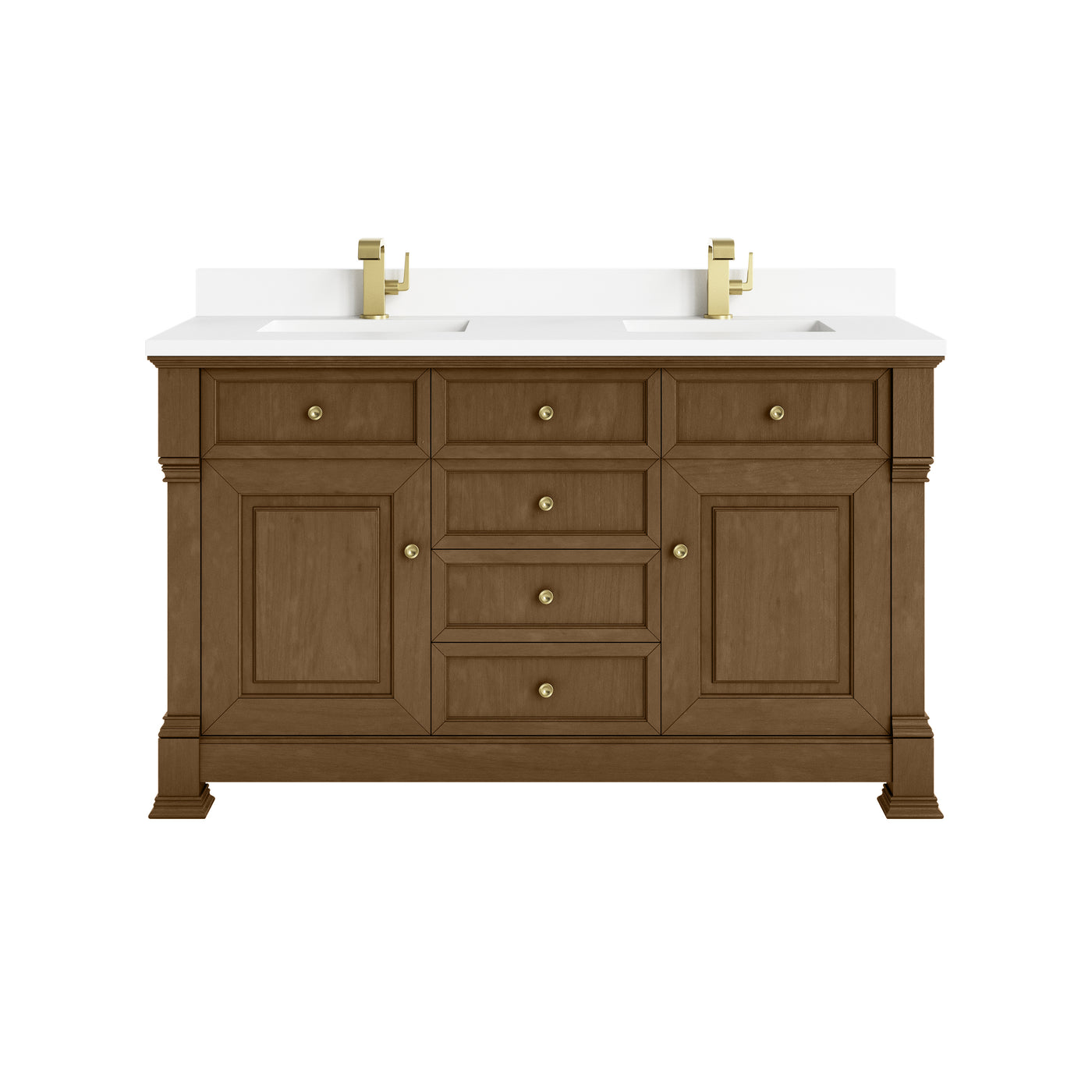 James Martin Brookfield 60" Double Bathroom Vanity, Honey Oak with White Zeus (Single Hole, with Backsplash) countertop