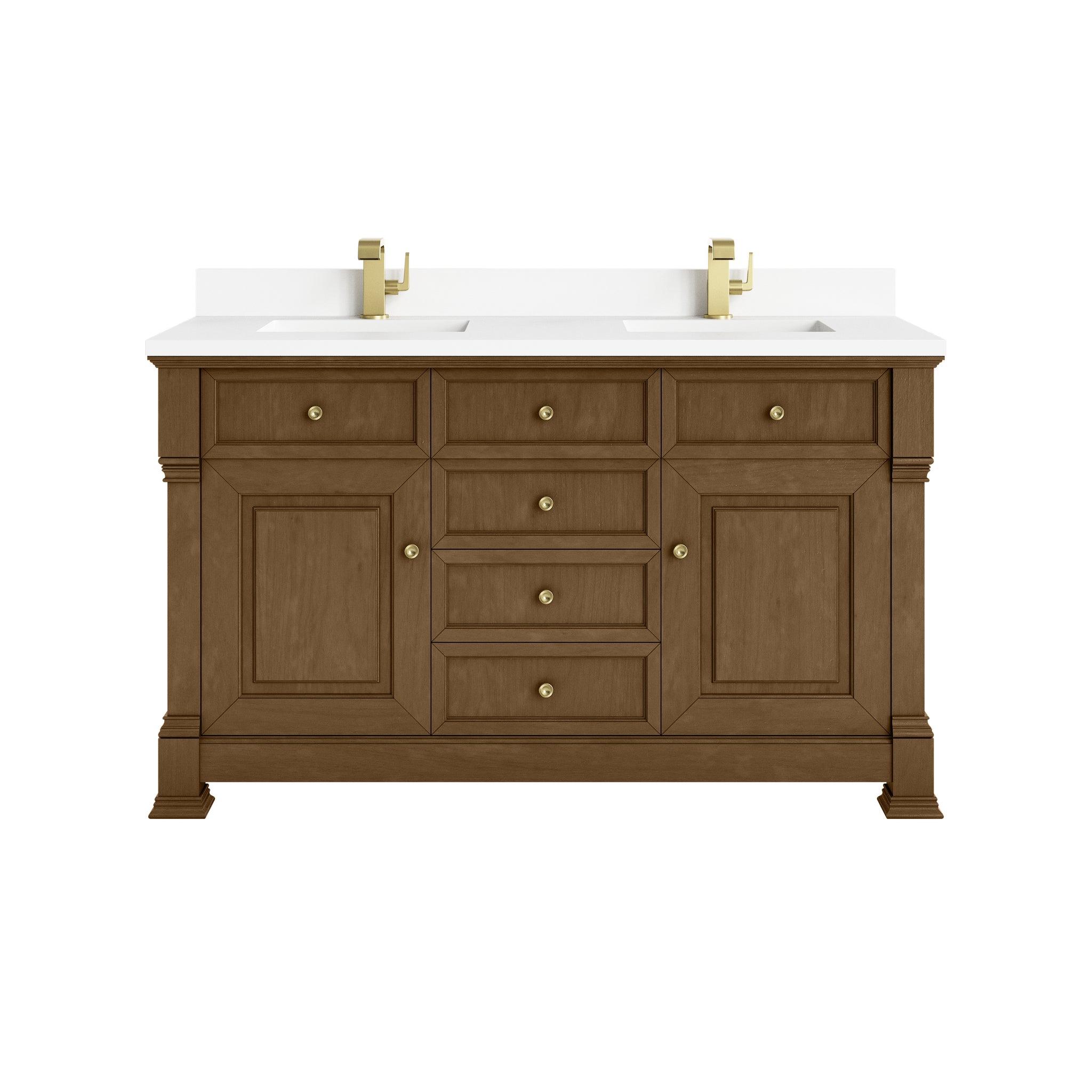 James Martin Brookfield 60" Double Bathroom Vanity, Honey Oak with White Zeus (Single Hole, with Backsplash) countertop