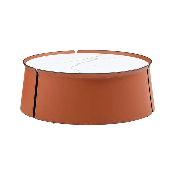31.5" Coffee Table, Marble Top and Orange Saddle Leather Body, photo 2 of 7