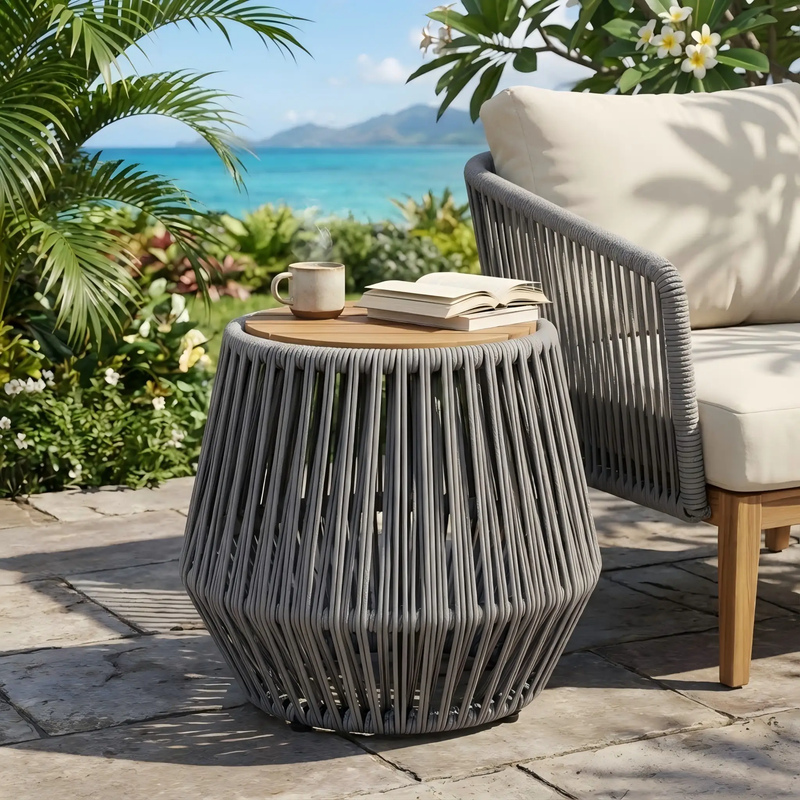 Acacia Wood Side Table with Grey Rope Design by HouseOfZazla
