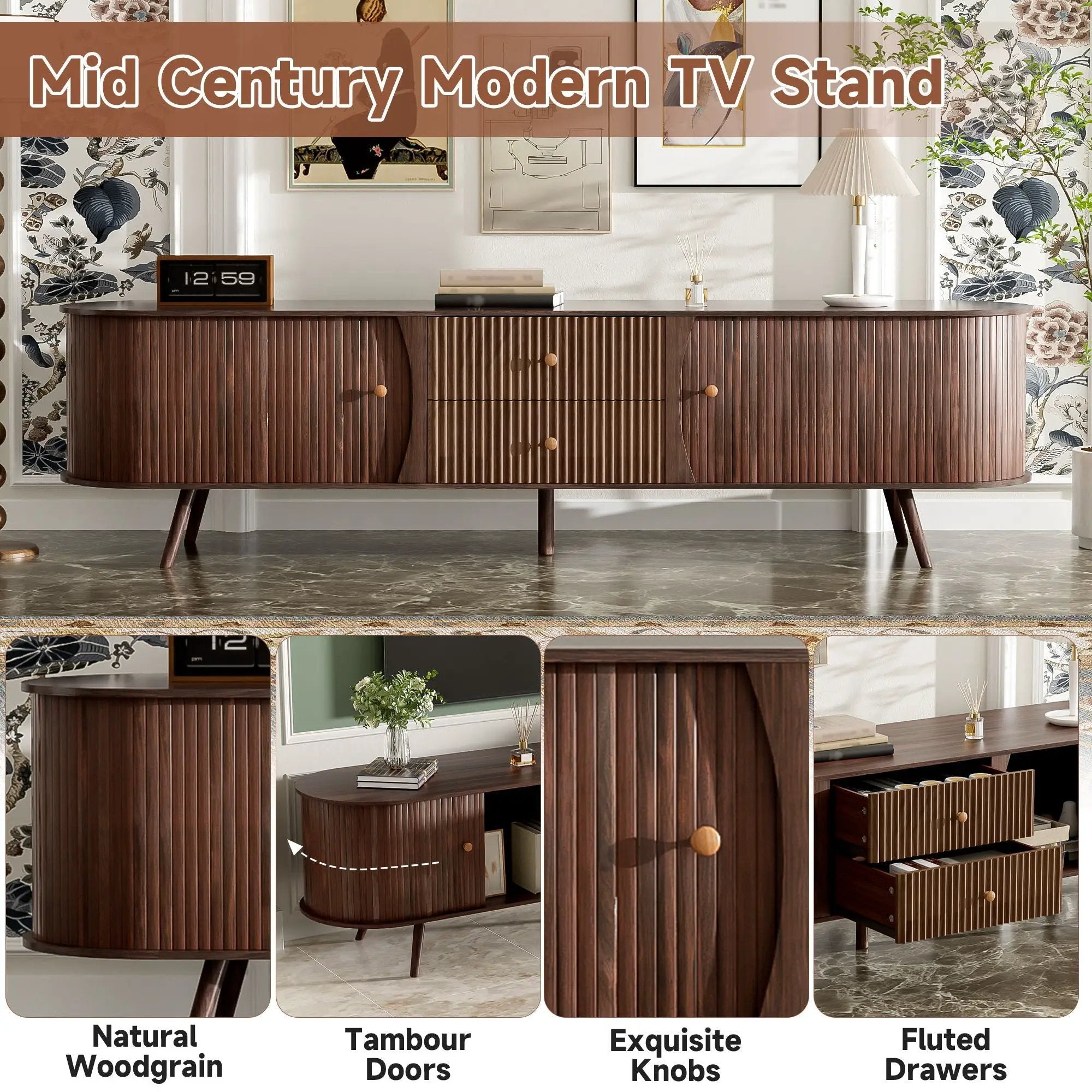 70" TV Stand With Tambour Doors And Fluted Drawers - Dark Brown by Unique Piece Furniture