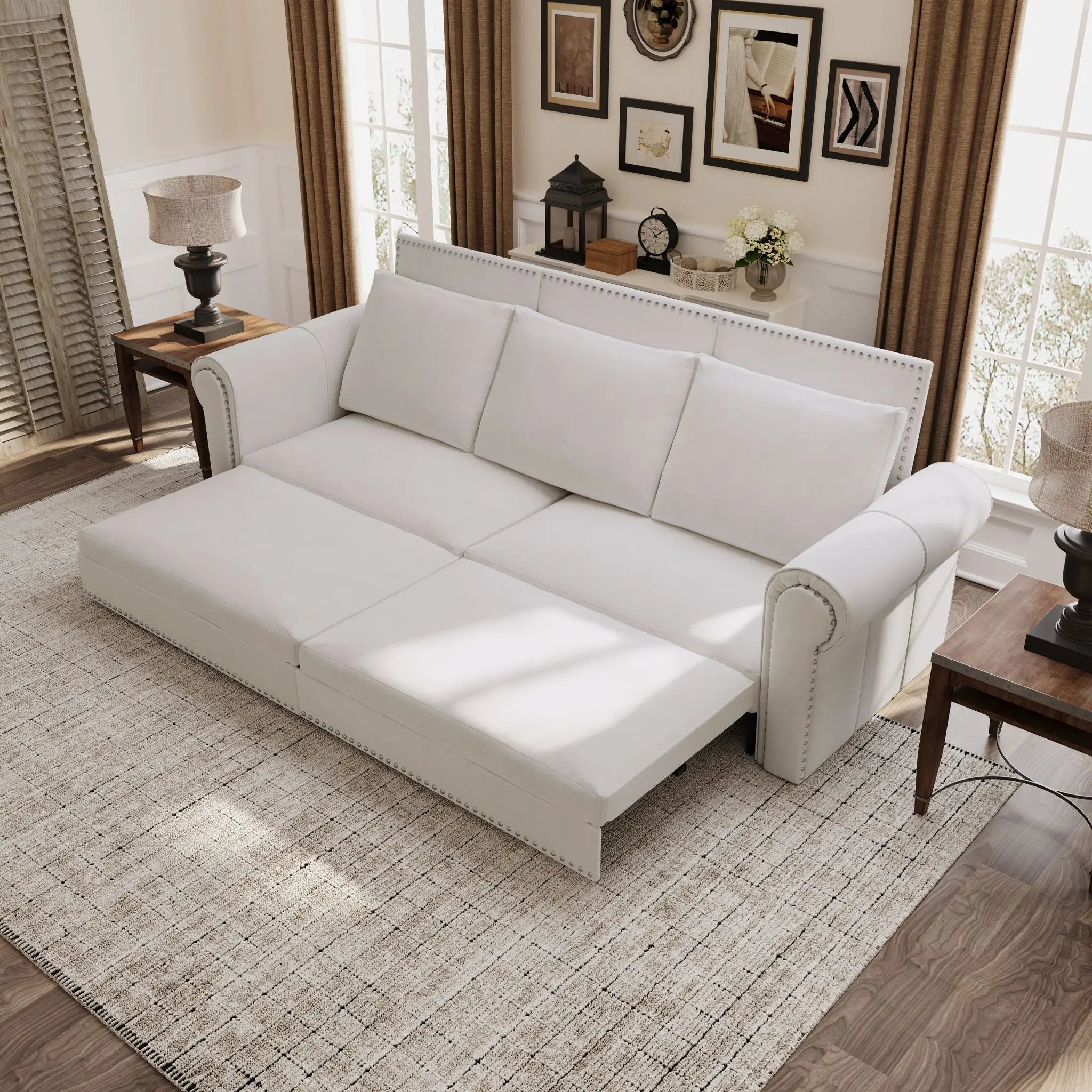 Pull Out Sofa Bed 3 In 1 Convertible Sleeper Sofa With Nailhead Trim & Rolled Arm, Multi Functional by HouseOfZazla