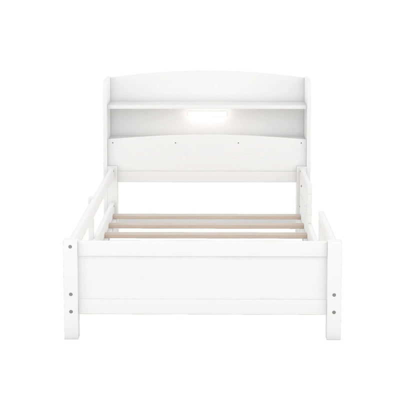 Wood Platform Bed With Built In LED Light, Storage Headboard And Guardrail