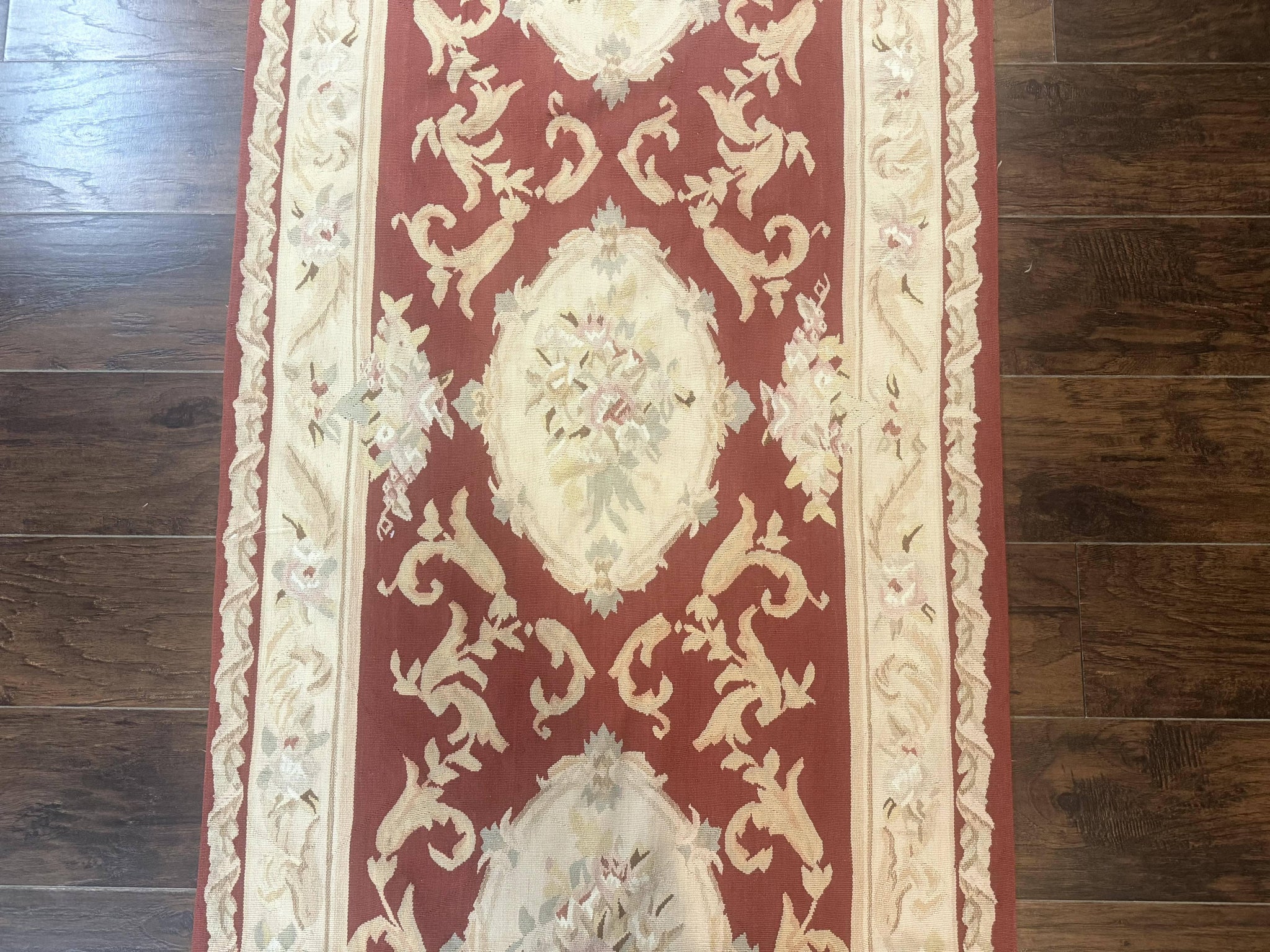 Aubusson Runner Rug 3x10, European Design, Red and Beige, Elegant, Handmade Wool Rug by Jewel Rugs