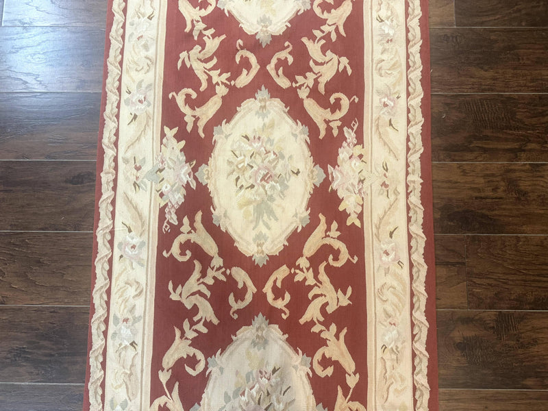 Aubusson Runner Rug 3x10, European Design, Red and Beige, Elegant, Handmade Wool Rug by Jewel Rugs