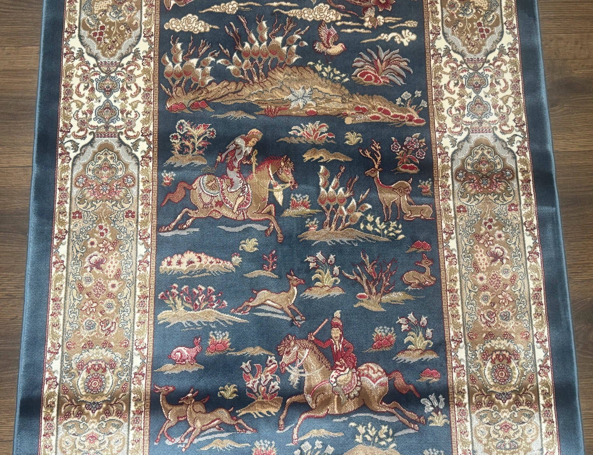 Turkish Silk Hunting Scene Rug 2.6 x 5, Dark Steel Blue & Ivory, Bamboo Silk, New by Jewel Rugs