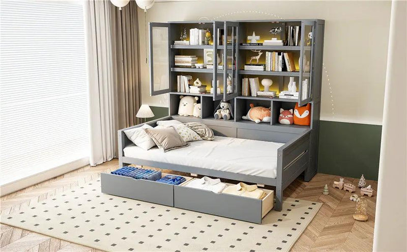 Daybed With Glass Door Storage Cabinets, Built In LED Lighting And Shelves by HouseOfZazla