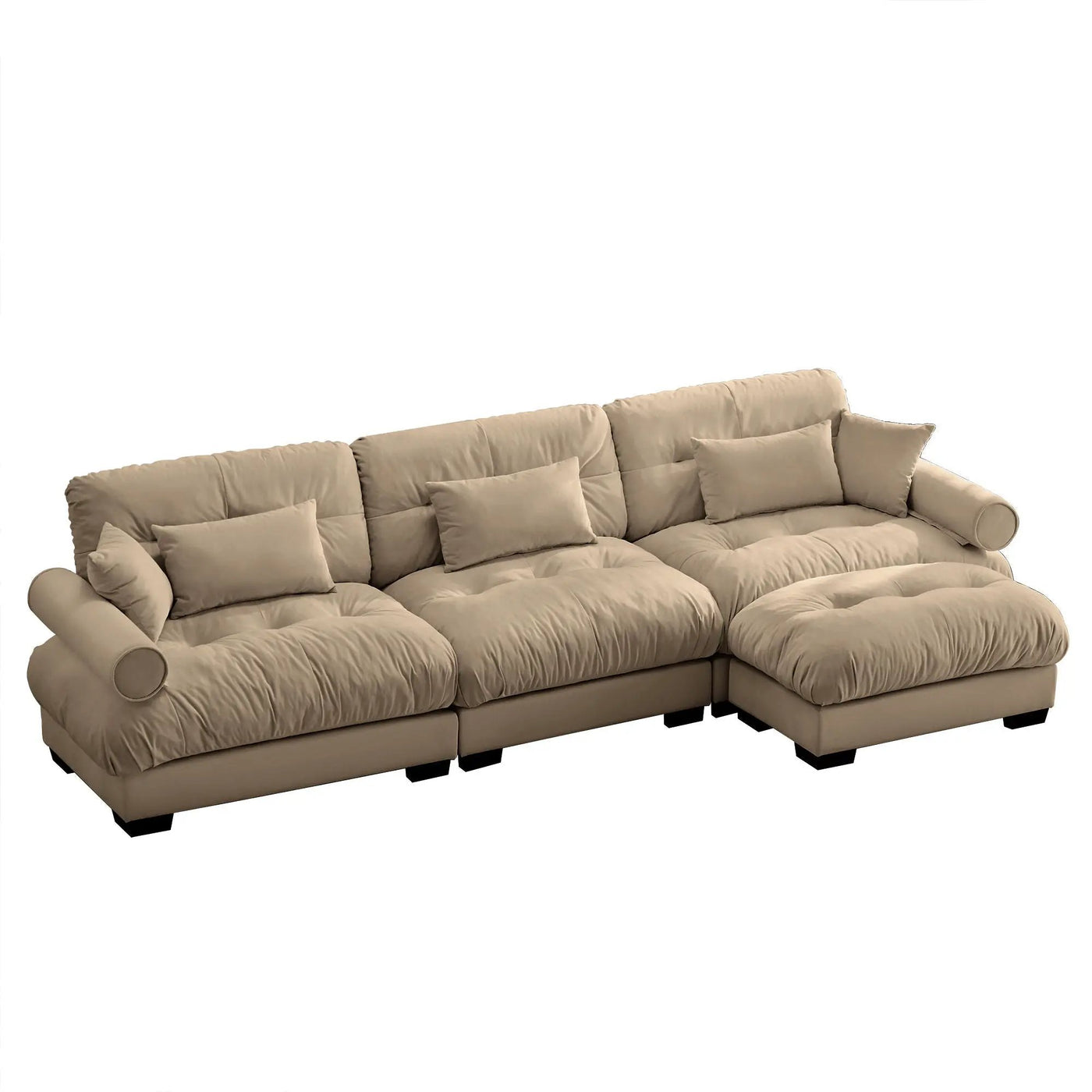 Modern Sectional Sofa With Ottoman, Round Bolster Armrests, Waist And Throw Pillows by HouseOfZazla