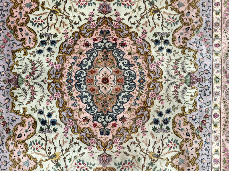 Wonderful Persian Tabriz Rug 7x10, Very Fine 330 KPSI, Light Green Light Blue Pink, Kork Wool Silk Foundation, Bird Pictorials by Jewel Rugs