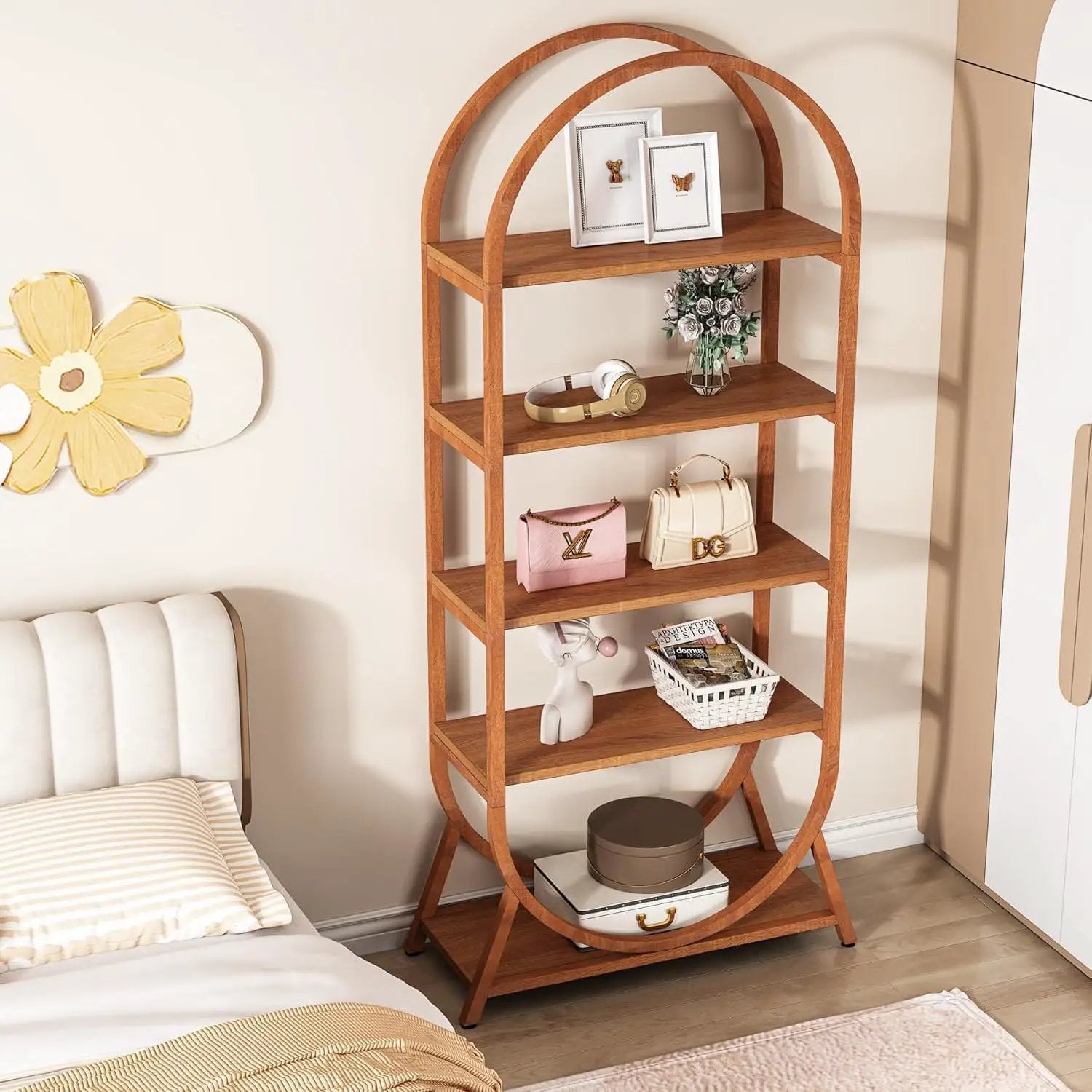 Arched 5 Tier Open Bookshelf For Office - Brown