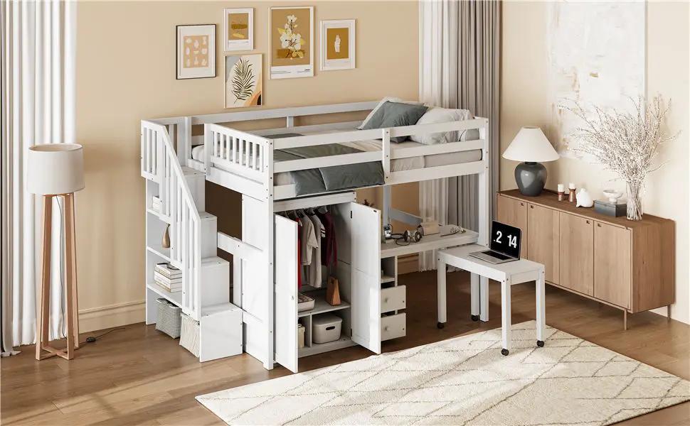 Loft Bed With Stairs, Bookshelf, Drawers, Desk & Wardrobe, Space Saving Multifunctional Furniture by HouseOfZazla