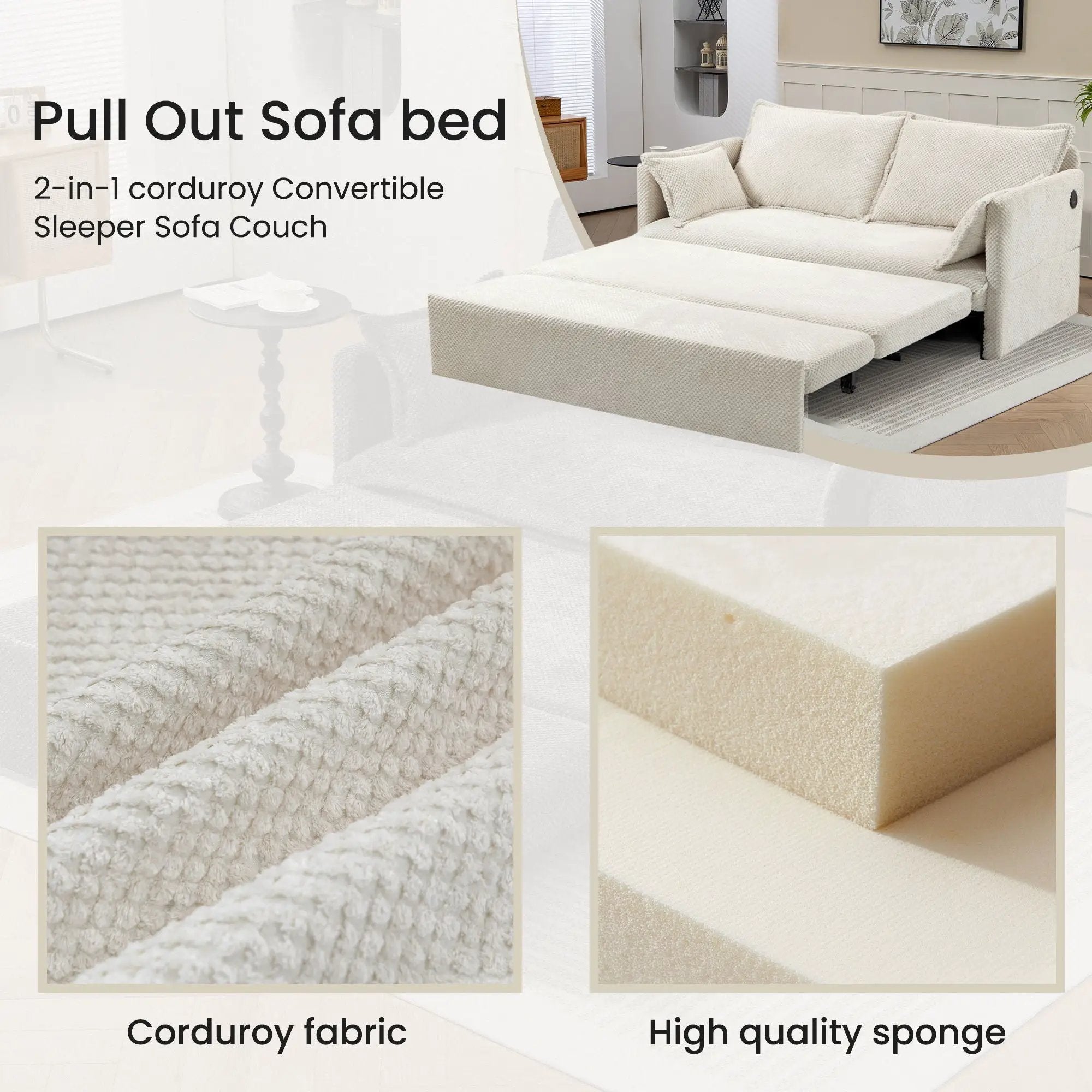 Pull Out Sofa Bed, Convertible Sleeper Sofa Couch, Side Storage, And USB / C - Type Charging Ports Chair by Unique Piece Furniture