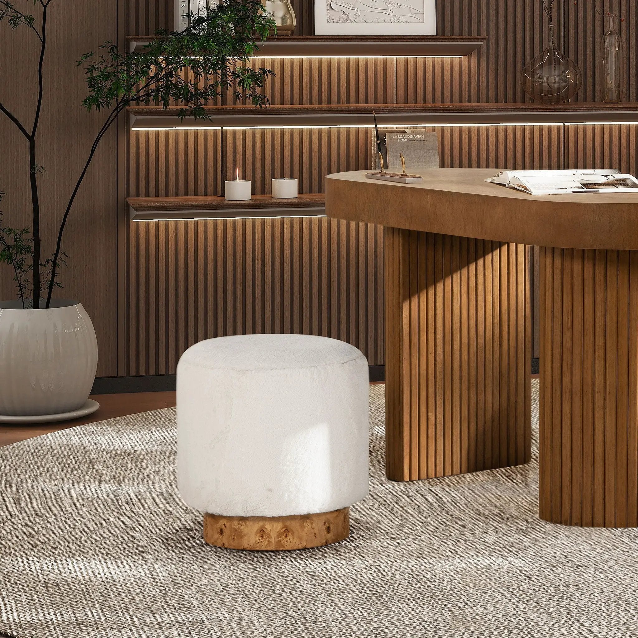 Tilly - Round Fur Upholstered / Burl Pouf Ottoman - White by Unique Piece Furniture