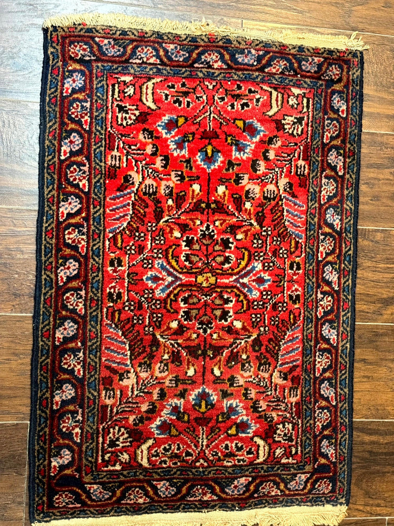 Small Antique Persian Tribal Rug 2x3, Red, Floral, Handmade, Hamadan Rug by Jewel Rugs