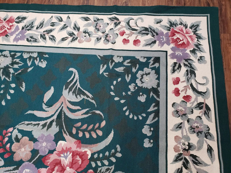 Chinese Needlepoint Rug 8x10, Vintage Green Area Rug, Hand-Woven Flatweave Floral European Design Carpet Wool Handmade 8x 10 Living Room Rug by Jewel Rugs