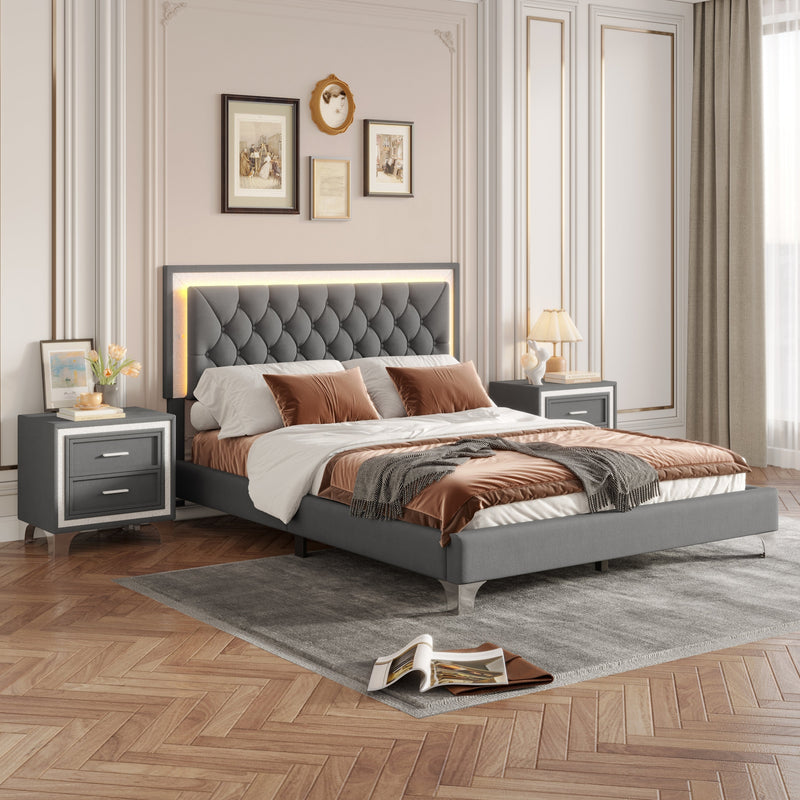3-Pieces Bedroom Set, Queen Size Upholstered Platform Bed with LED Lights and Two Nightstands - Gray by HouseOfZazla