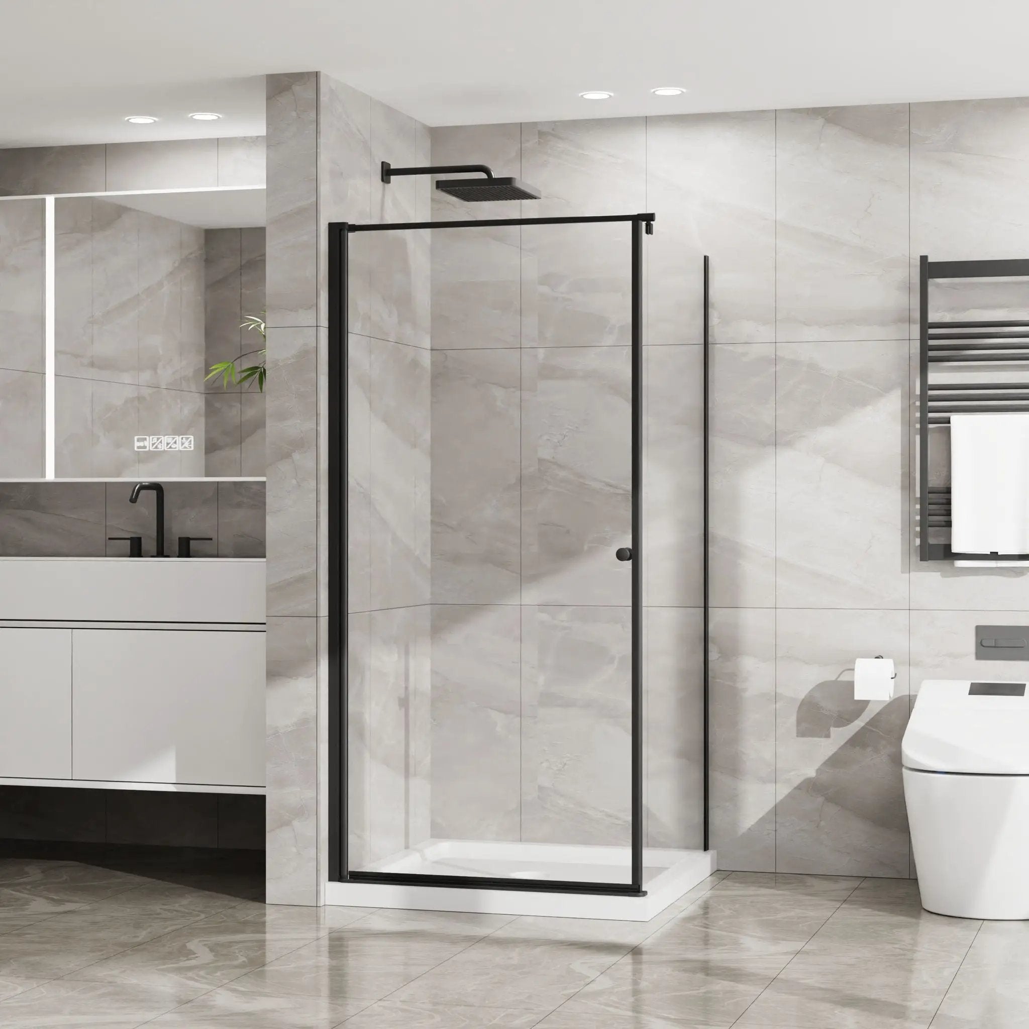 Corner Shower Enclosure, Frameless Pivot Door - Matte Black by HouseOfZazla