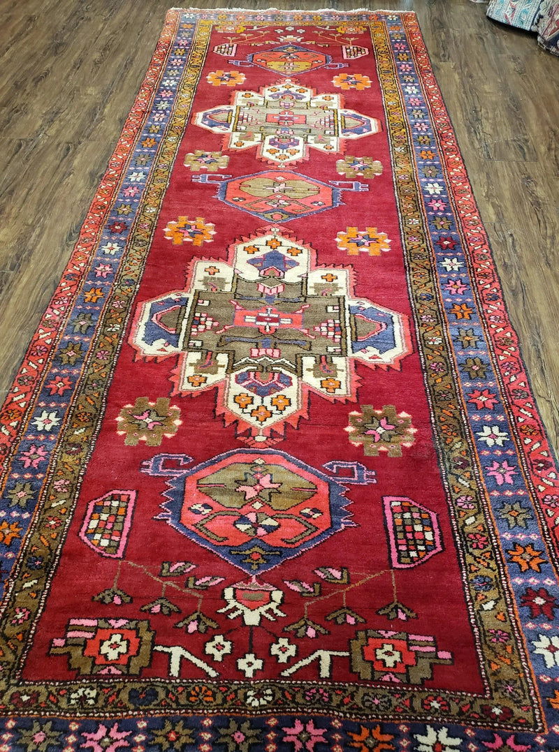 Antique Persian Karajeh Runner Rug 4.4 x 11 ft, Red Colorful Geometric Medallion Runner by Jewel Rugs