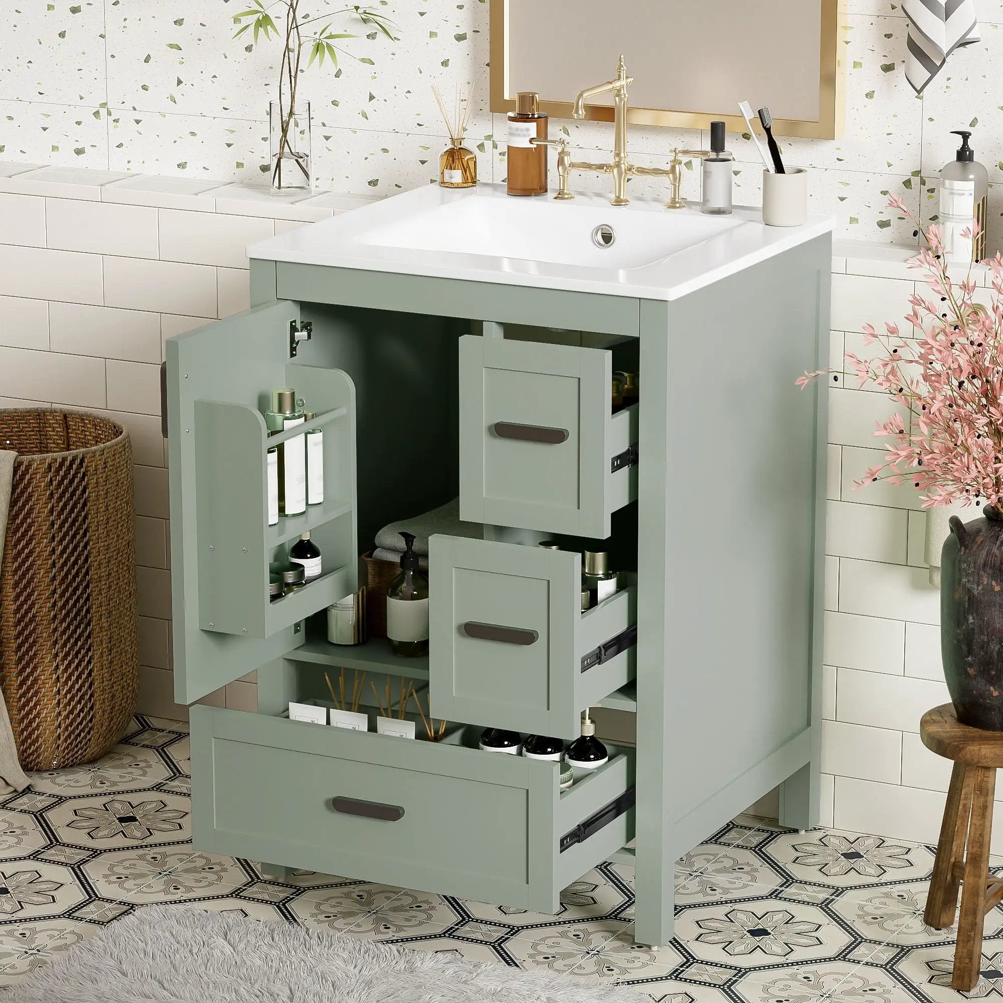 Bathroom Vanity With Sink, Soft-Close Doors, Double-Layer Shelf And 3 Drawers by Unique Piece Furniture