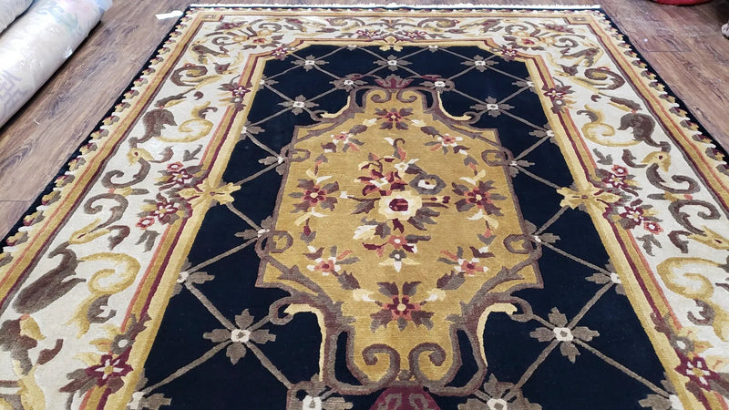 Nepal Rug 6x9, Nepalese Aubusson Area Rug 6 x 9, Hand-Knotted Wool Soft Pile Black & Beige Tibetan Aubusson New Carpet European Savonnerie by Jewel Rugs