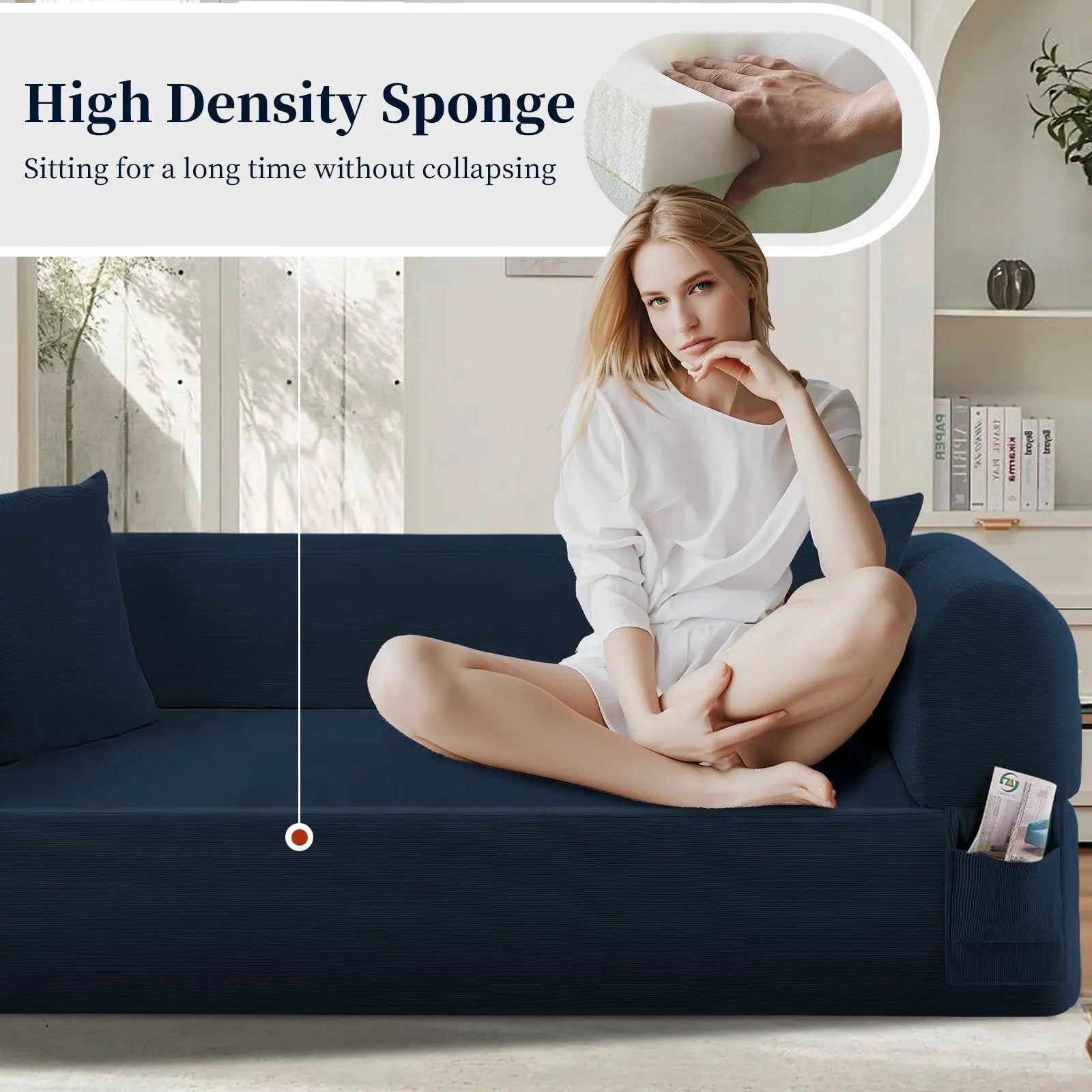 Spring Sofa with High-Quality Fabric, Pillows & Storage in Blue by HouseOfZazla