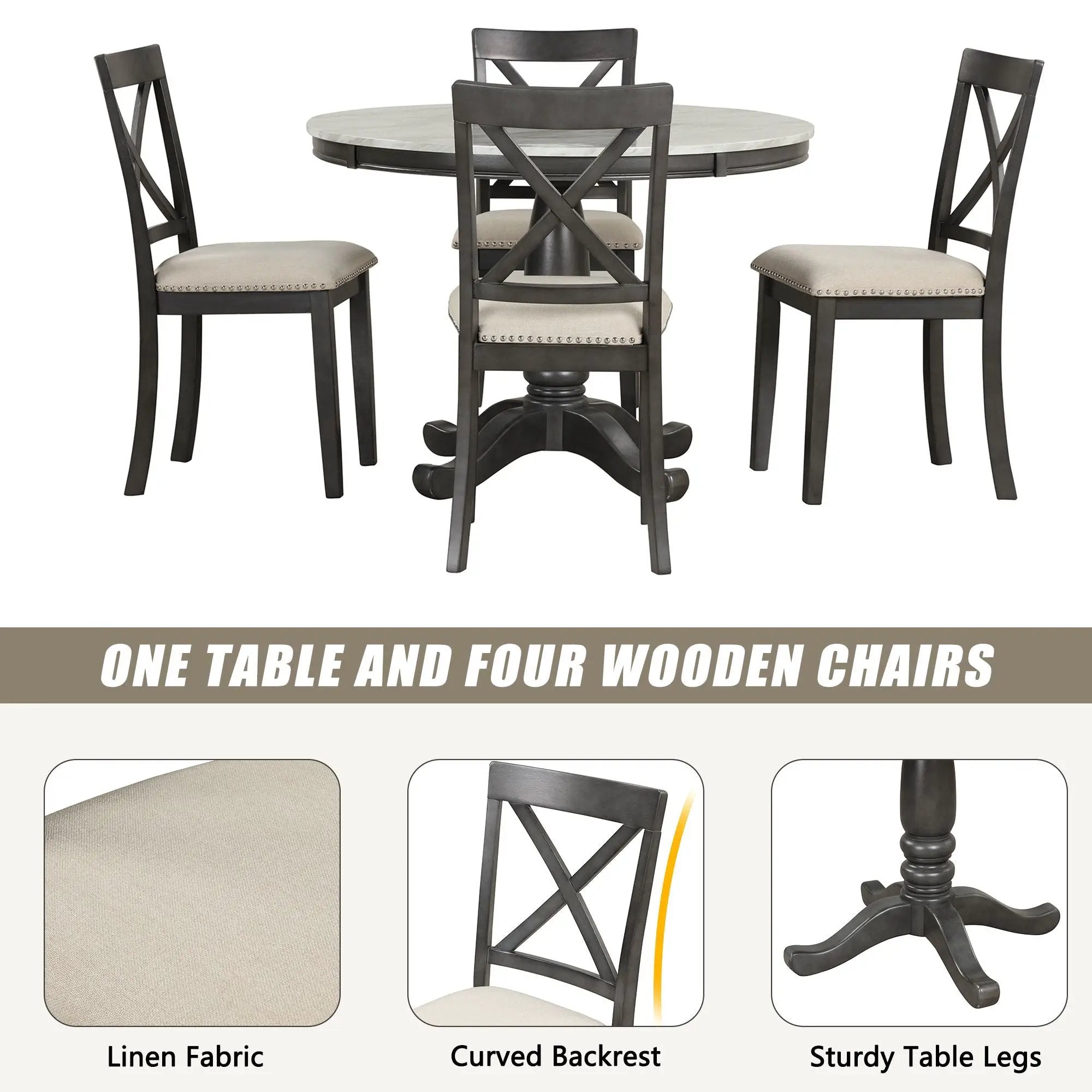 5 Pieces Dining Table And Chairs Set For 4 Persons, Kitchen Room Solid Wood Table With 4 Chairs by Unique Piece Furniture