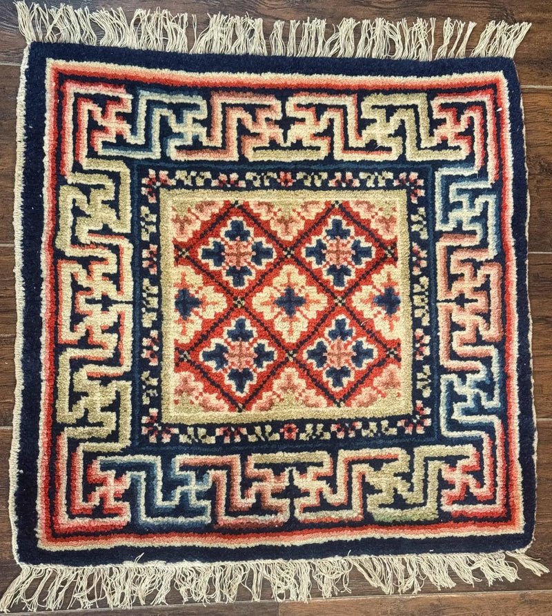 Small Antique Chinese Rug 2x2, Red Blue Square Rug Mat, Handmade, Tibetan Rug by Jewel Rugs