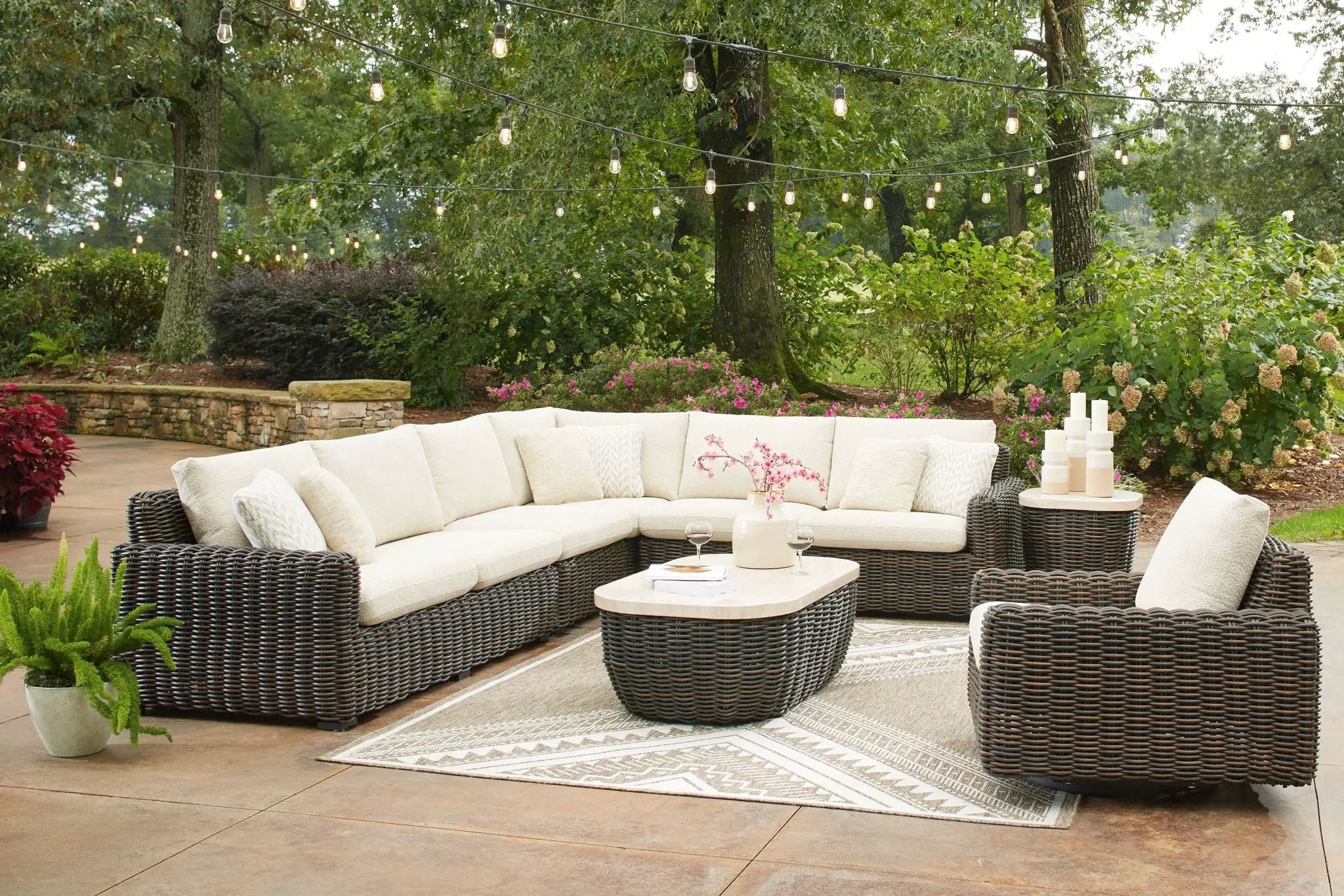Kimora - 7 Pc. - 4-Piece Outdoor Sectional, Swivel Glider Lounge, Cocktail Table, End Table - Beige / Dark Brown by Unique Piece Furniture
