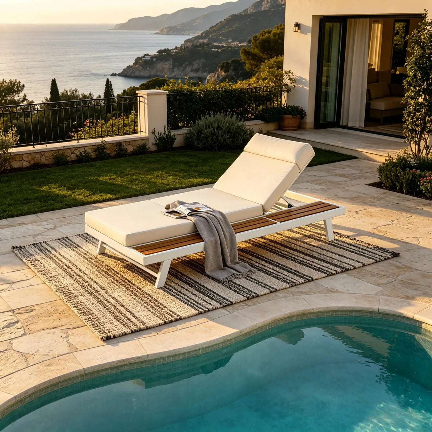 White Iron + Teak Finish Outdoor Chaise Lounge Set by HouseOfZazla