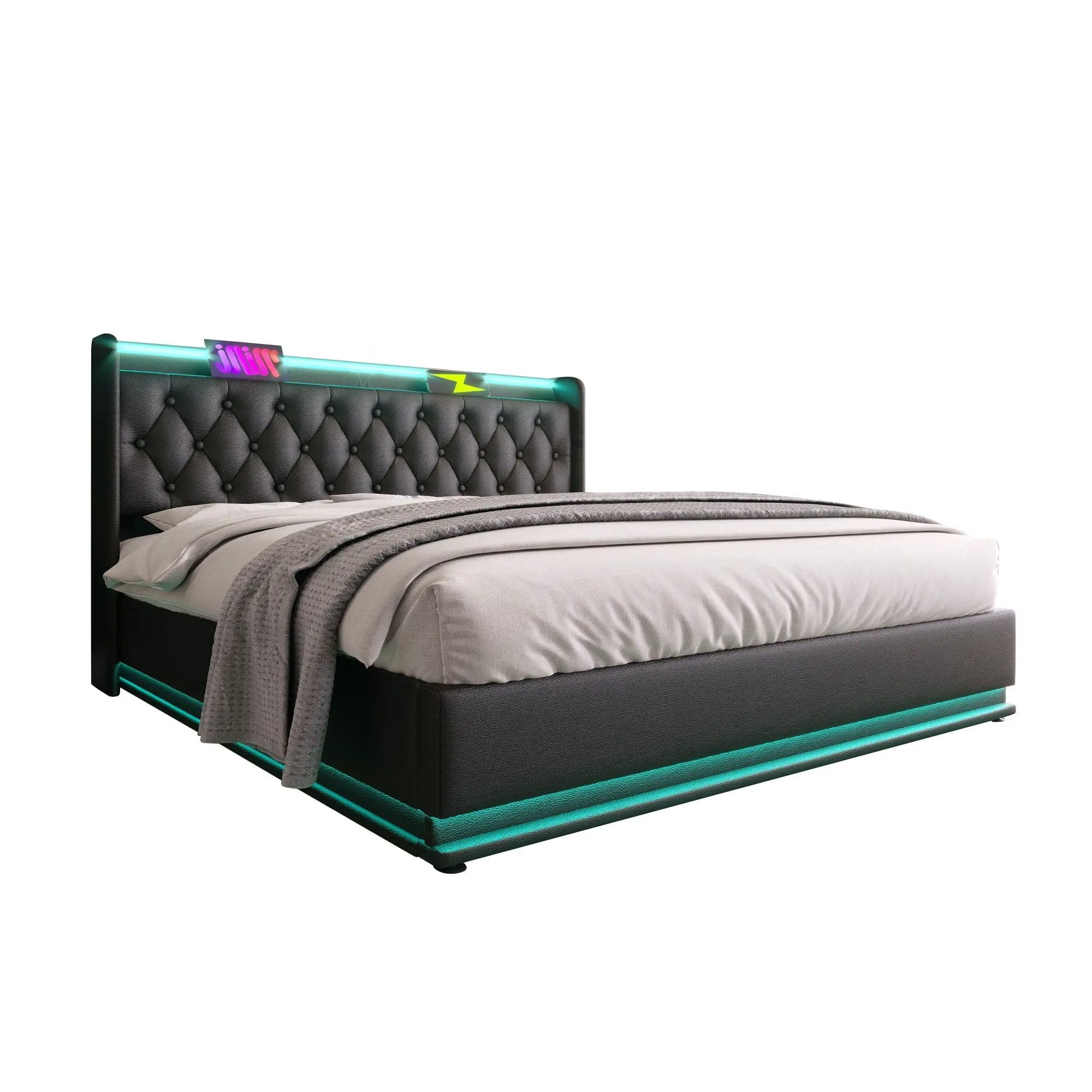Upholstered Bed, 360 Surround LED Function, Remote Control, Hydraulic Storage Bed With USB, Type-C Charging (Without Mattress) by HouseOfZazla