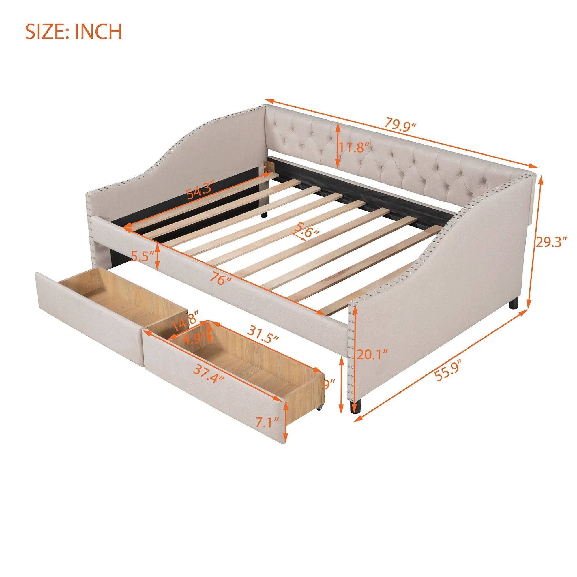 Upholstered Daybed With Two Drawers, Wood Slat Support by HouseOfZazla