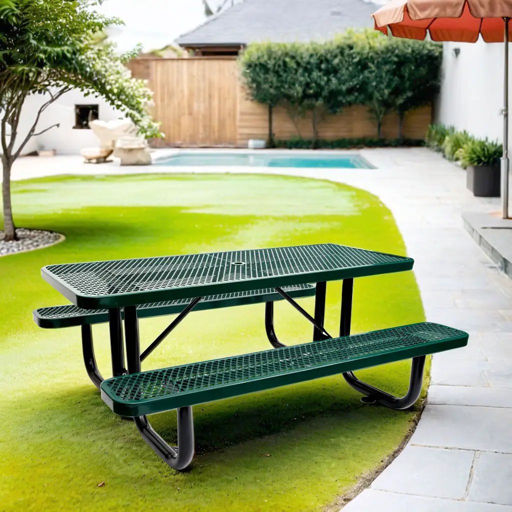 Outdoor Steel Picnic Rectangular Table With Umbrella Pole by Unique Piece Furniture