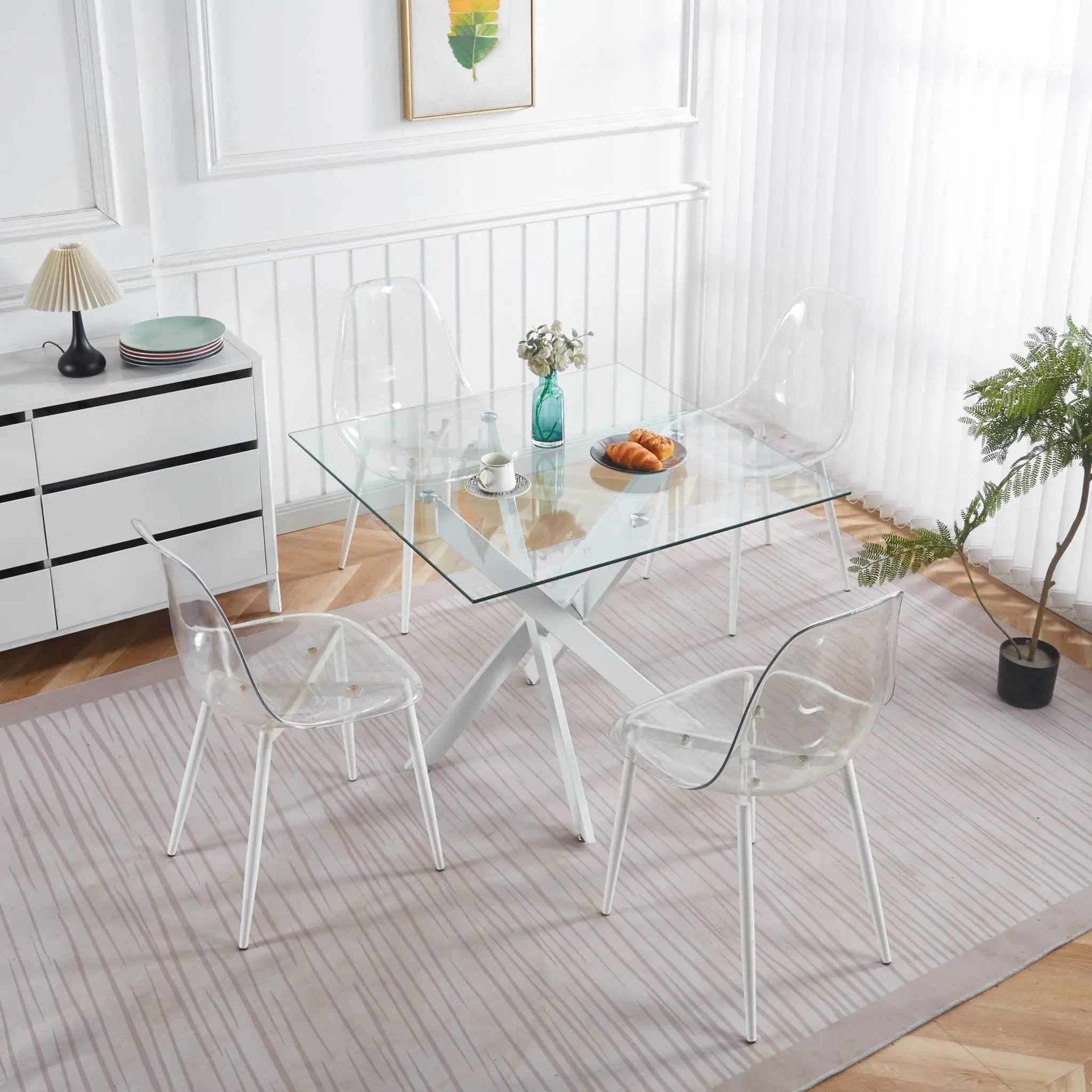 Dining Table With Cross Metal Leg And Tempered Glass, Modern Space Saving Kitchen Table For Living Room Legs, Square Table by Unique Piece Furniture