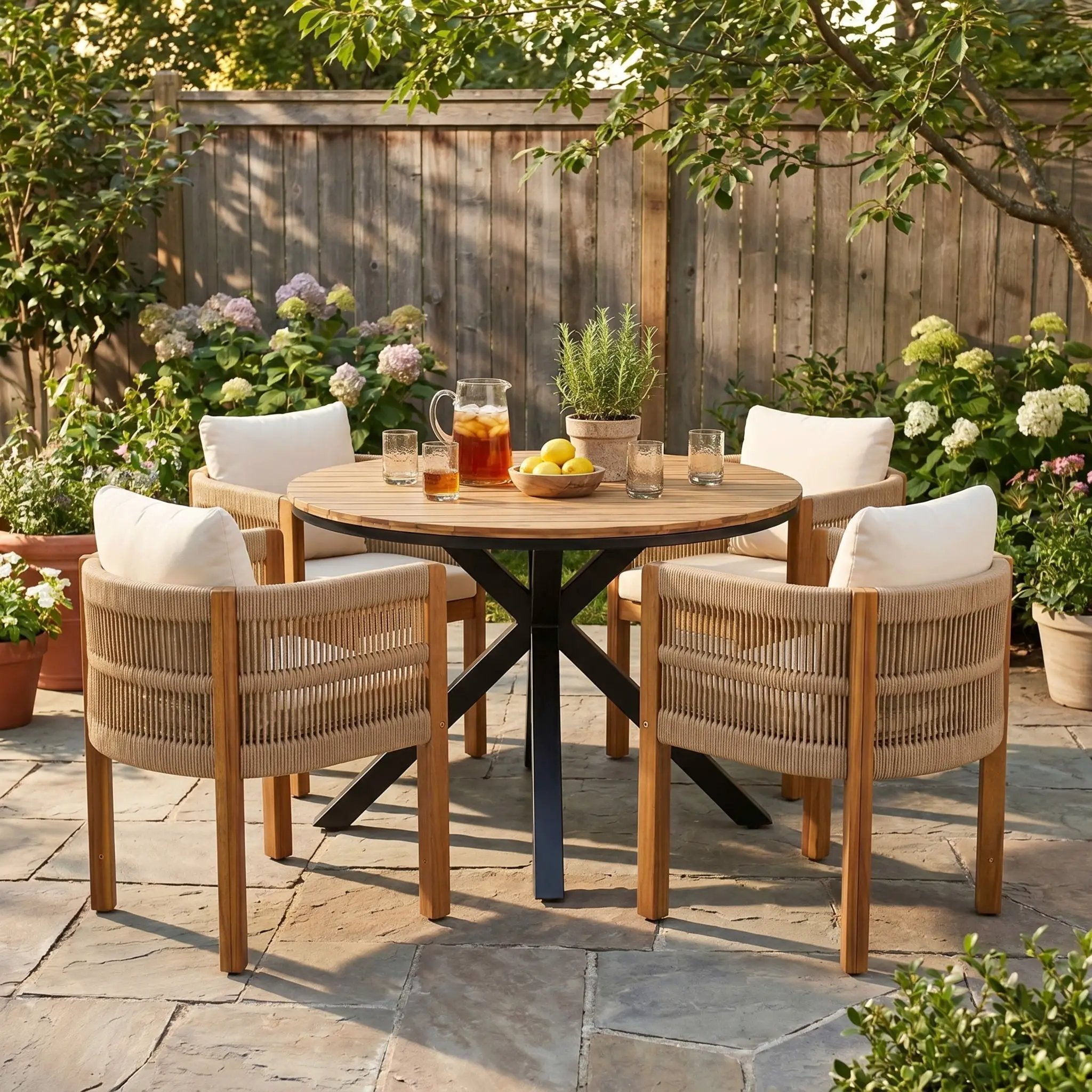 5 Piece Outdoor Dining Set With Round Table And 4 Wrapped Chairs - Black / Brown / Teak by HouseOfZazla