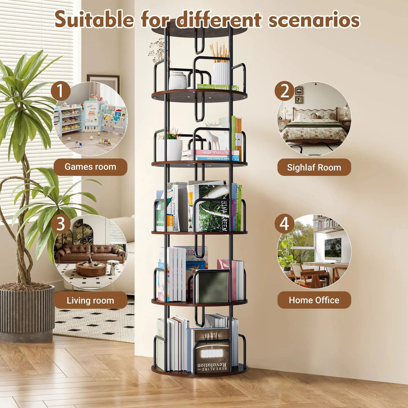 Rotating Bookshelf Tower 5 Tier Spinning 360 Degree Revolving Storage Shelf by Unique Piece Furniture