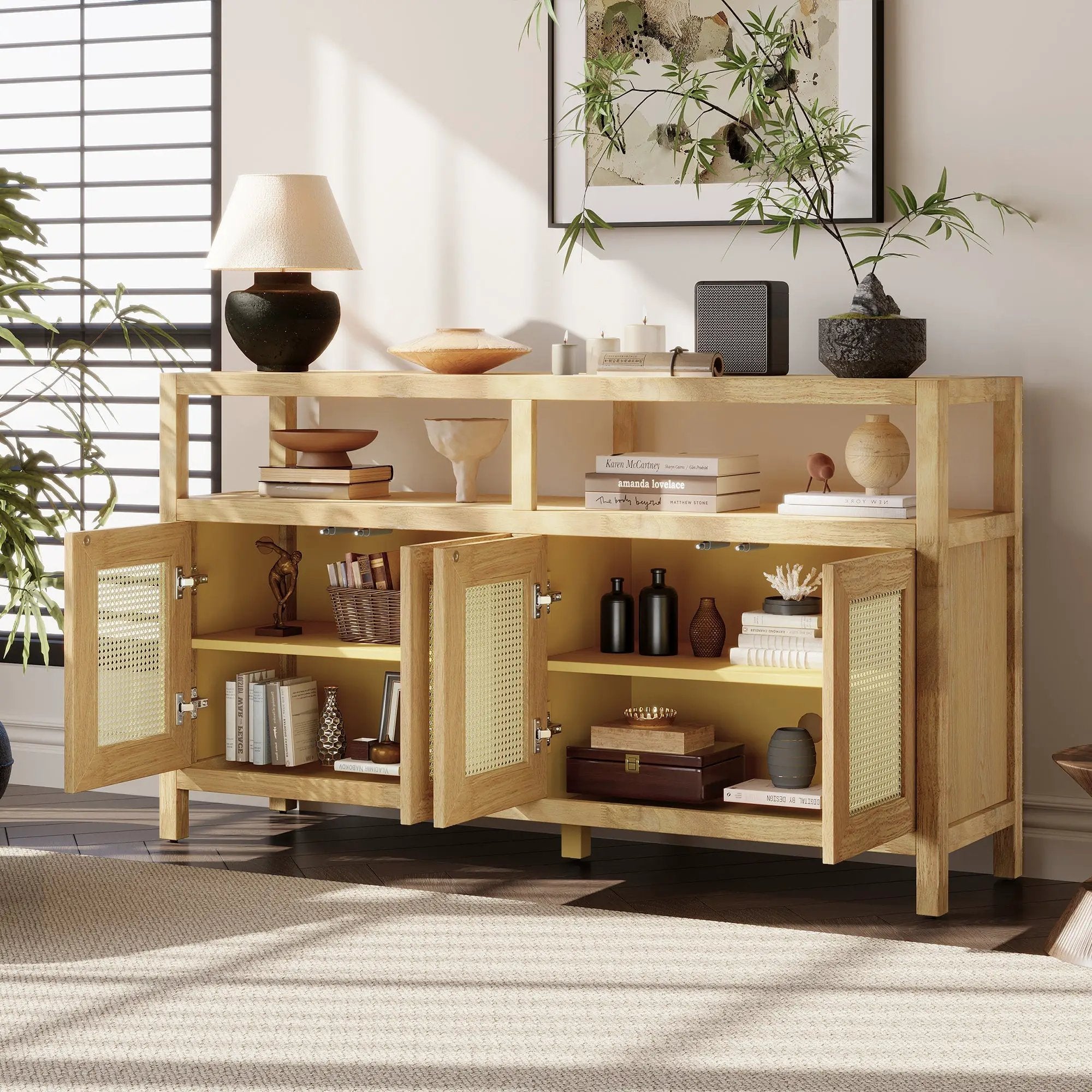 Bohemian Style Rattan Buffet Storage Cabinet with Solid Wood Frame by HouseOfZazla