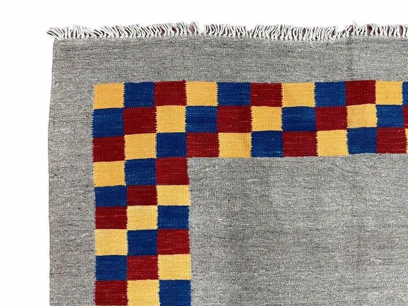 Gray Kilim Carpet, Yellow, Red, Blue Checkerboard Pattern, Flatweave, New, Geometric, Hand-Knotted, Wool, Turkish Area Rug, 5' 9" x 7' 9" by Jewel Rugs